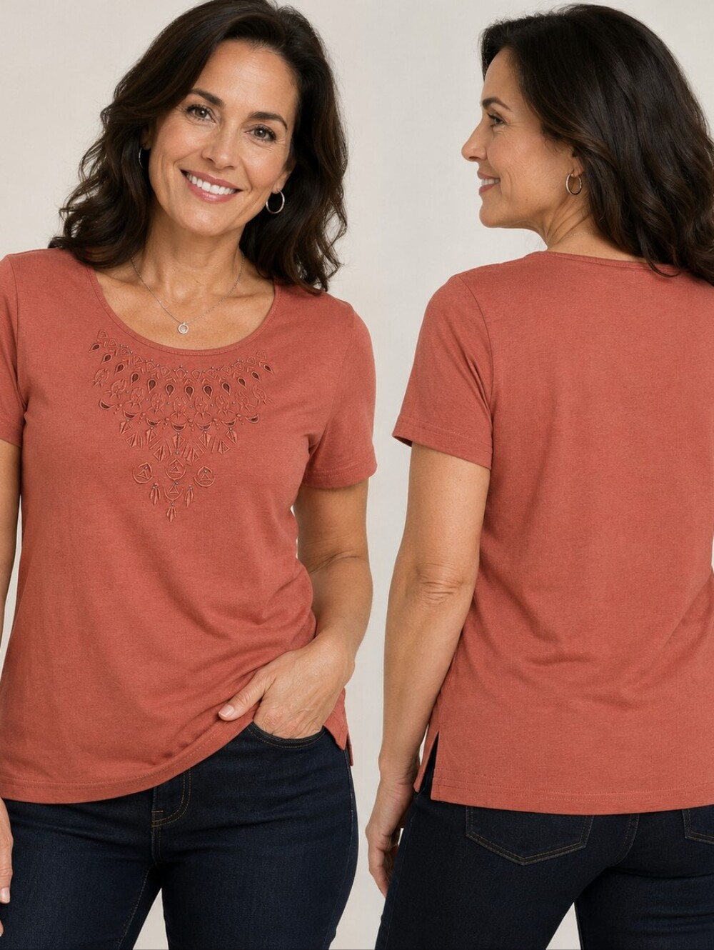 Laura Scott Embroidered Rust Short Sleeve Top NWT Size M Boho Southwestern
